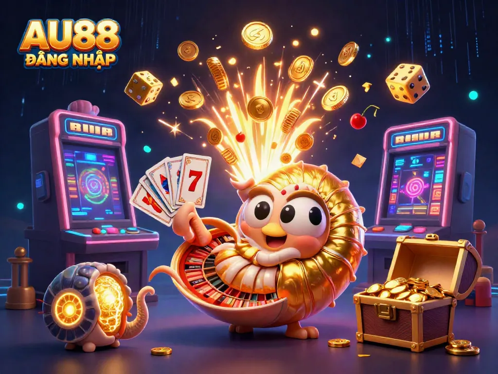 Experience the excitement of AU88 ĐĂNG NHẬP with a vibrant 3D casino scene featuring a golden roulette shell and dynamic slot machines.