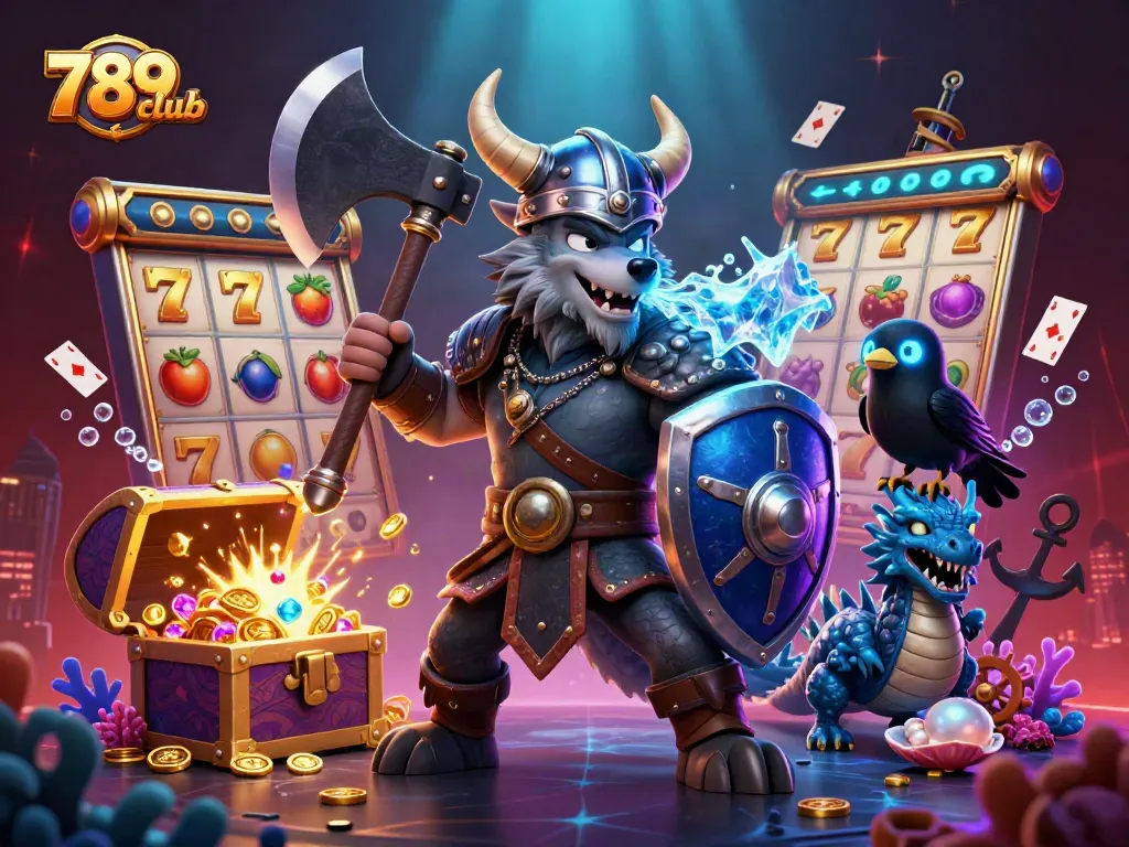 Engage with 789club's thrilling slots experience featuring a Viking warrior, dragon, and vibrant casino elements.