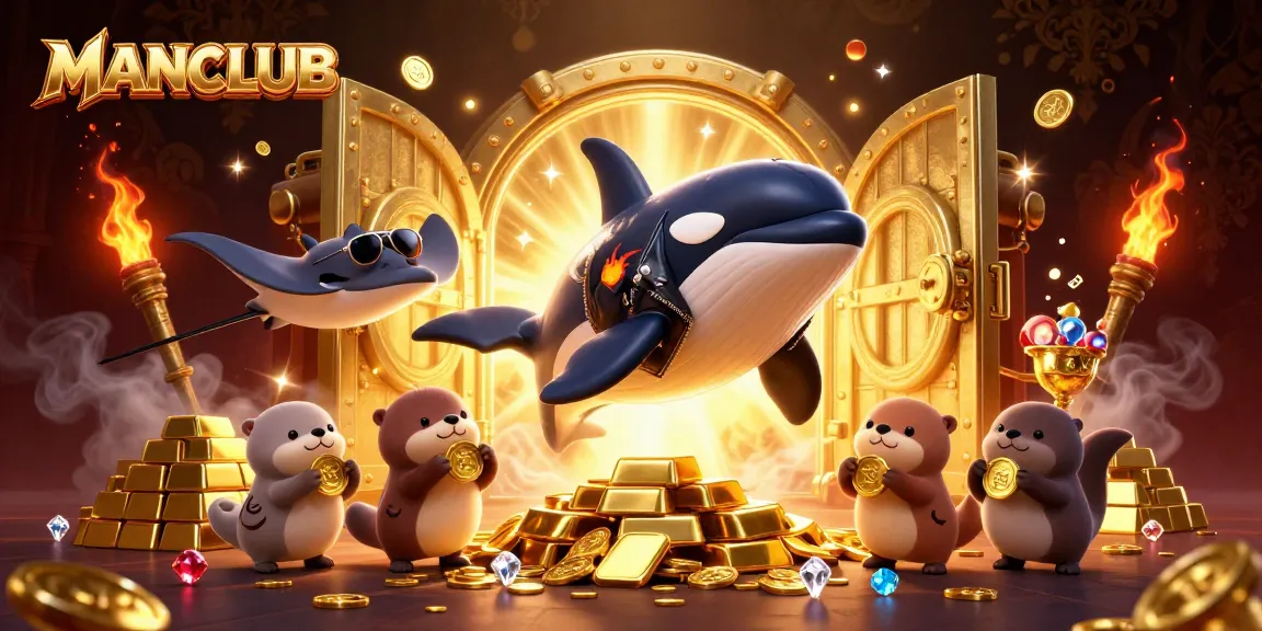 Experience the thrill of MANCLUB as orca and friends celebrate with gold coins in an exciting casino scene.