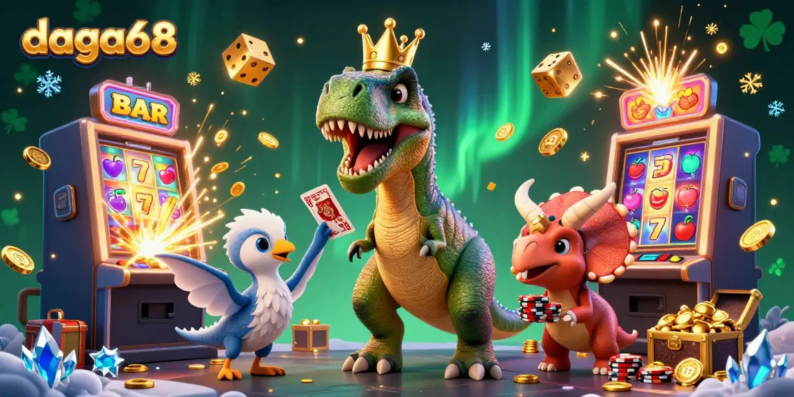 daga68 slots scene with a friendly dinosaur and vibrant casino elements, showcasing excitement and entertainment.