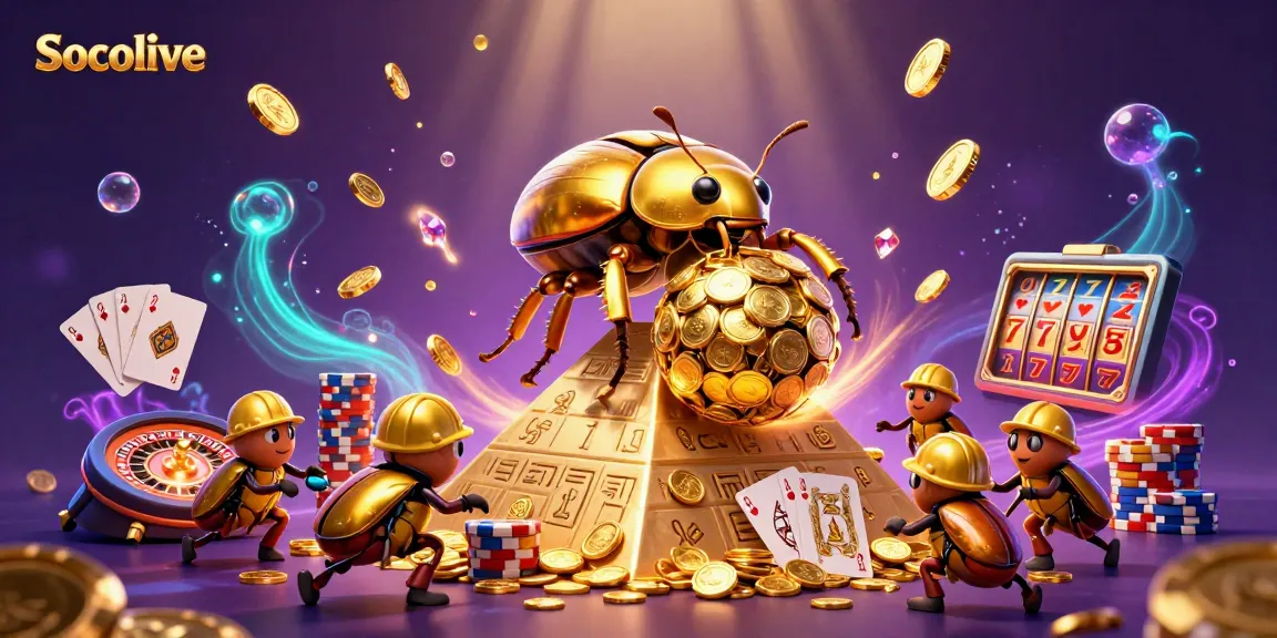 Socolive presents an exciting scene of golden beetles among rolling coins and casino elements, showcasing live sports betting.