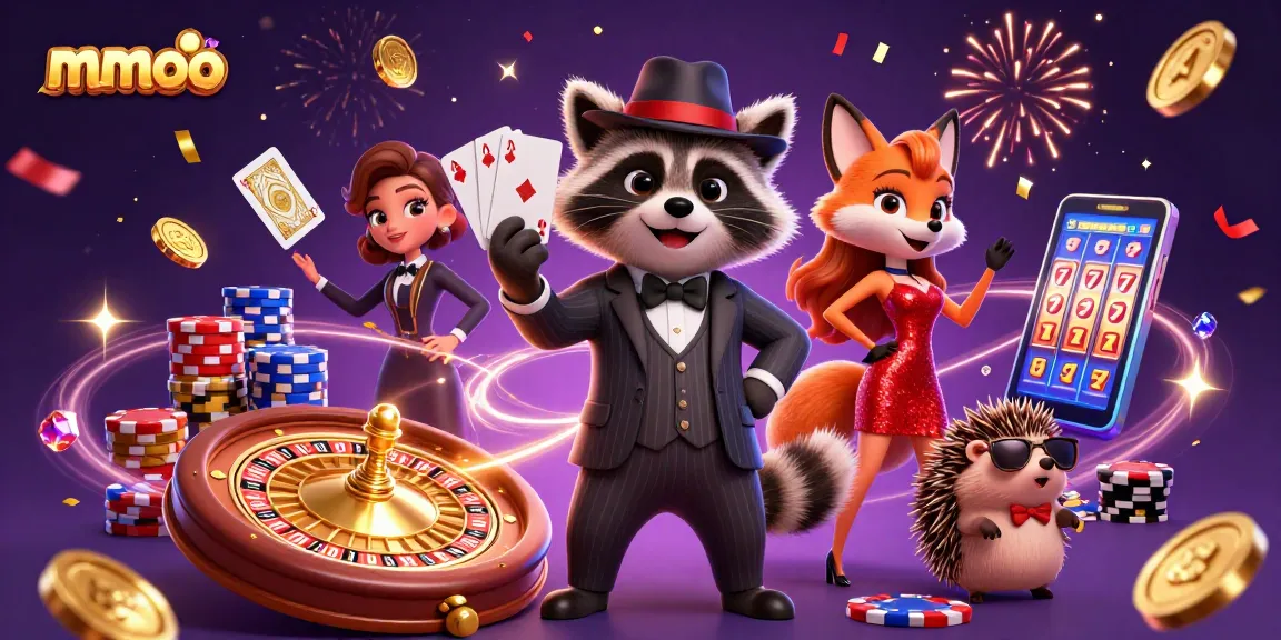 Experience mmoo thrills with a suave raccoon and charming companions in a lavish casino setting.