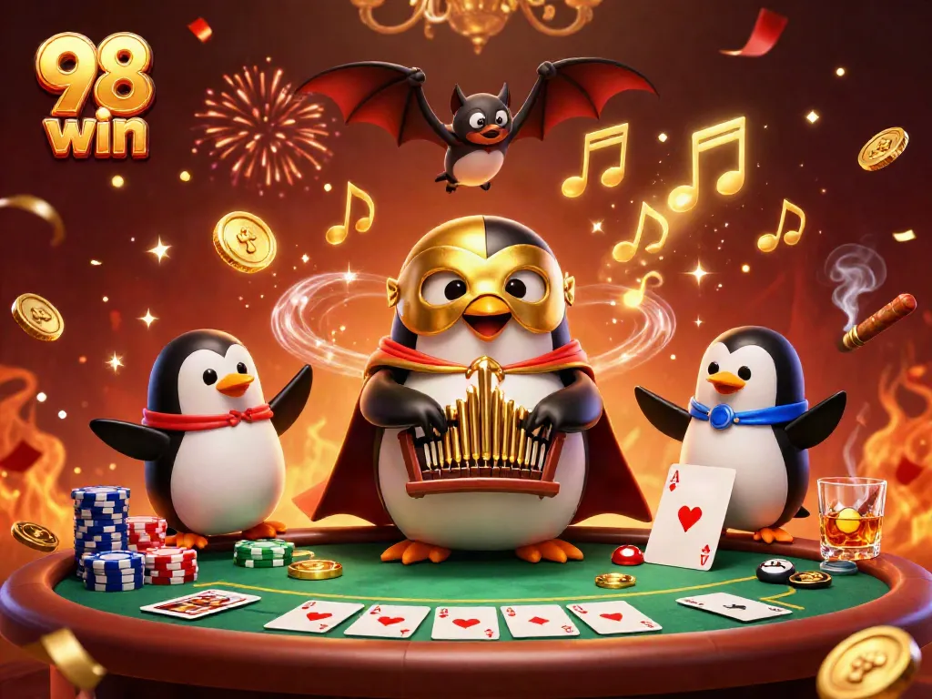 Win big with 98 win at an energetic casino scene filled with poker action and golden surprises!