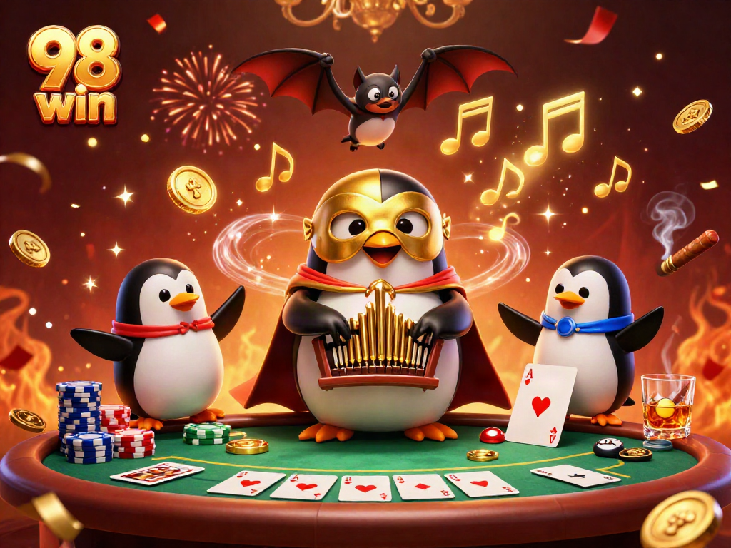 Win big with 98 win at an energetic casino scene filled with poker action and golden surprises!