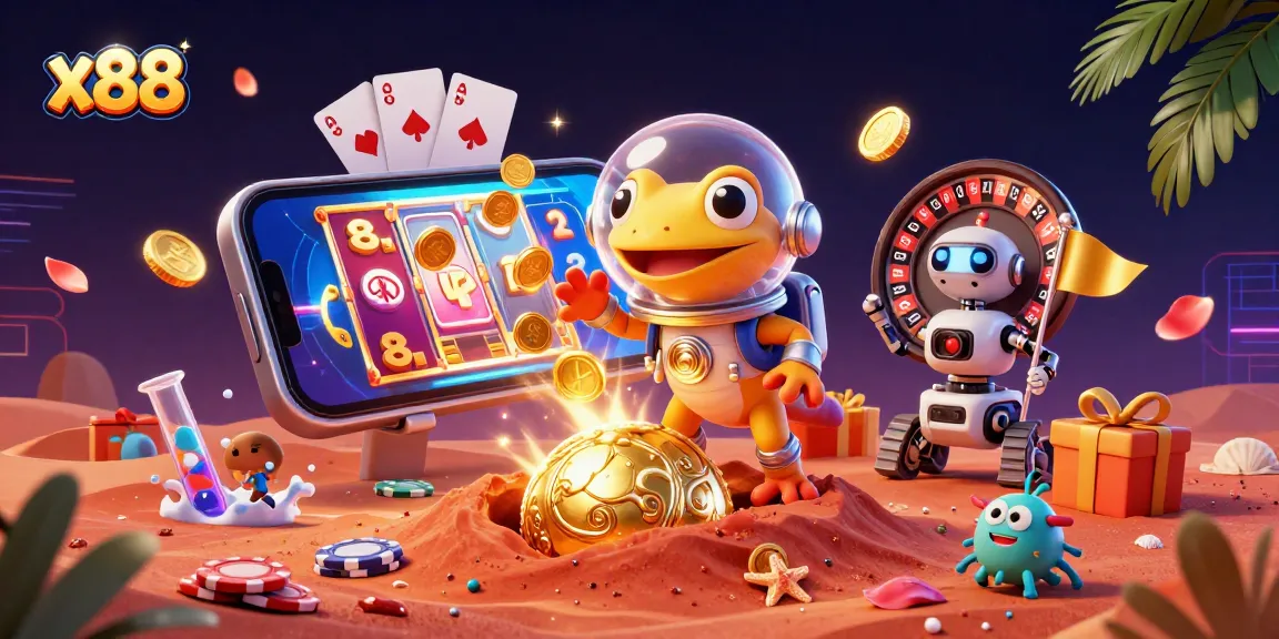 x88 players experience thrilling casino games with a Martian gecko and robot as they celebrate wins.