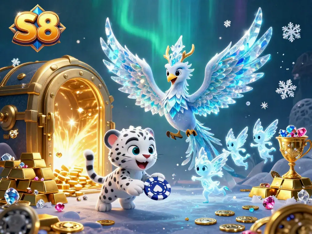 Experience the magic of S8 with an ice phoenix, playful snow leopard, and sparkling treasures in a vibrant casino scene.