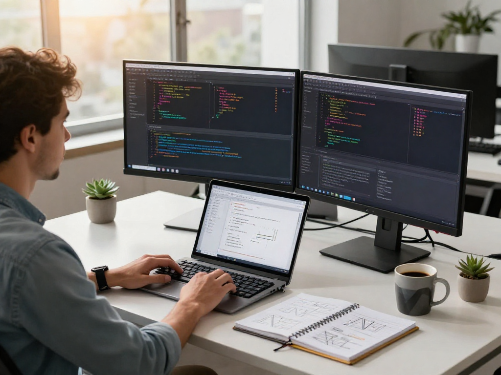 Developer coding at workstation with net88 software interface, highlighting productivity and modern workspace.