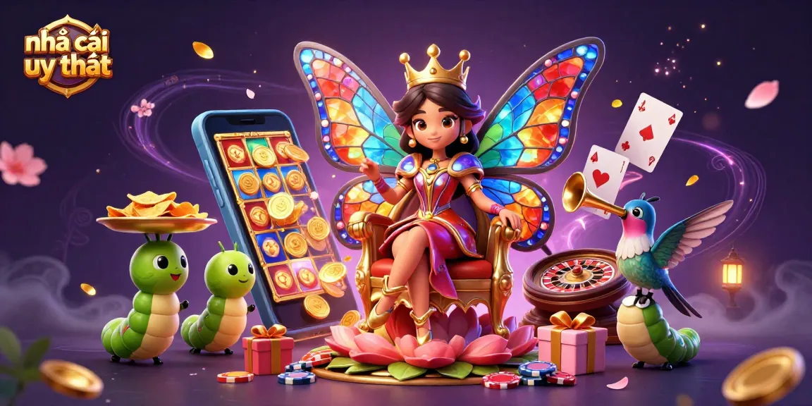 Engage with the vibrant realm of nhà cái uy tín, featuring a stunning butterfly queen amidst gaming elements and rewards