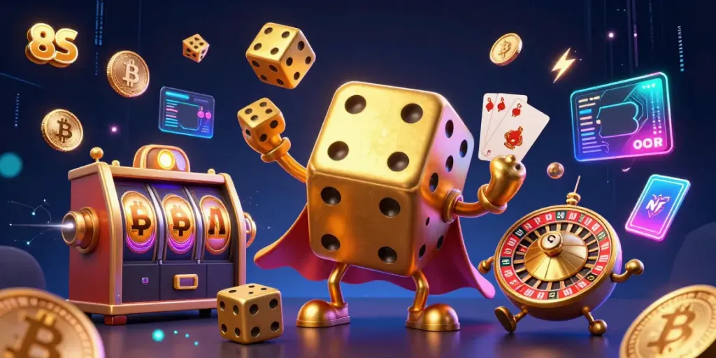 Experience thrilling casino action with the 8S golden dice golem, juggling luck and cryptocurrency.