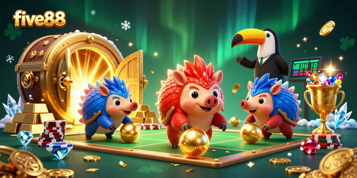 Engage in thrilling five88 gaming with vibrant pangolin characters and sparkling casino treasures.