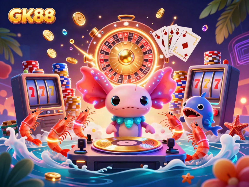 Experience the vibrant GK88 casino scene with a neon axolotl DJ and dynamic gaming elements.