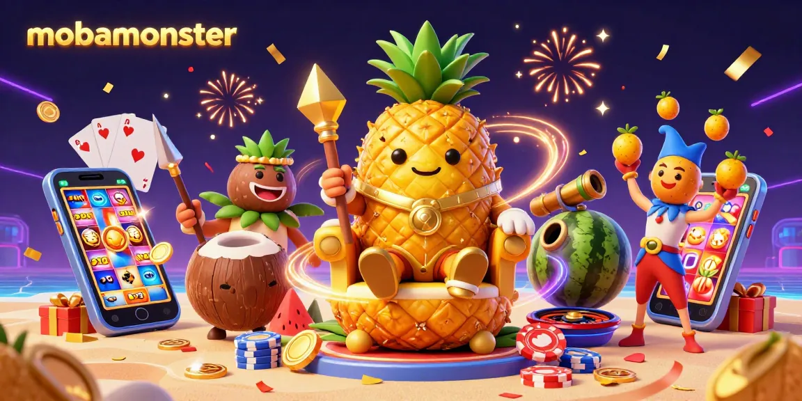 Engage with mobamonster's vibrant casino scene featuring the golden pineapple king and exciting gaming elements.