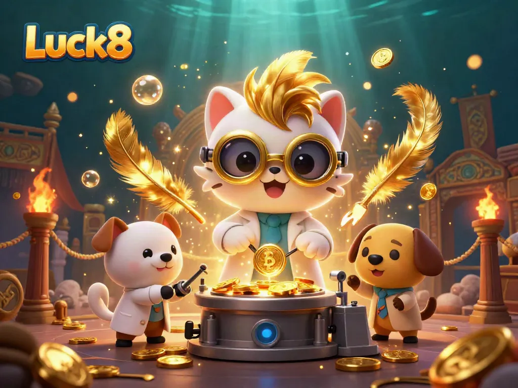 Luck8 features a dynamic 3D illustration of a mad scientist cat and dog in a gold-replicating lab, showcasing golden elements and gambling symbols.