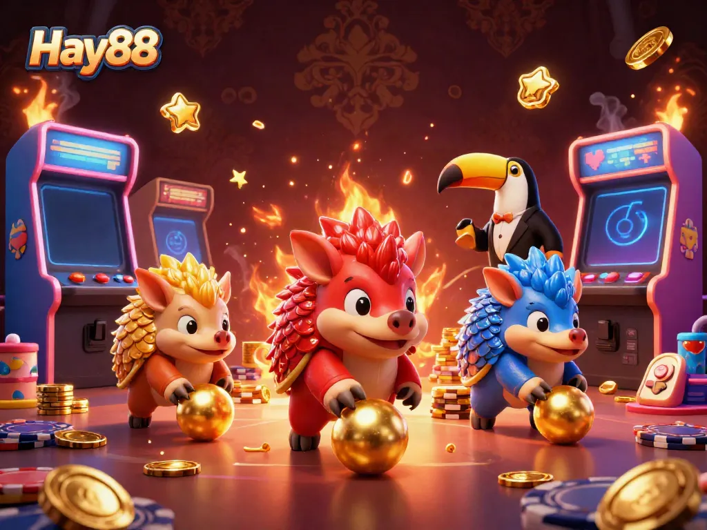 Engaging Hay88 scene with competing pangolins and gaming elements, illustrating exciting casino action.