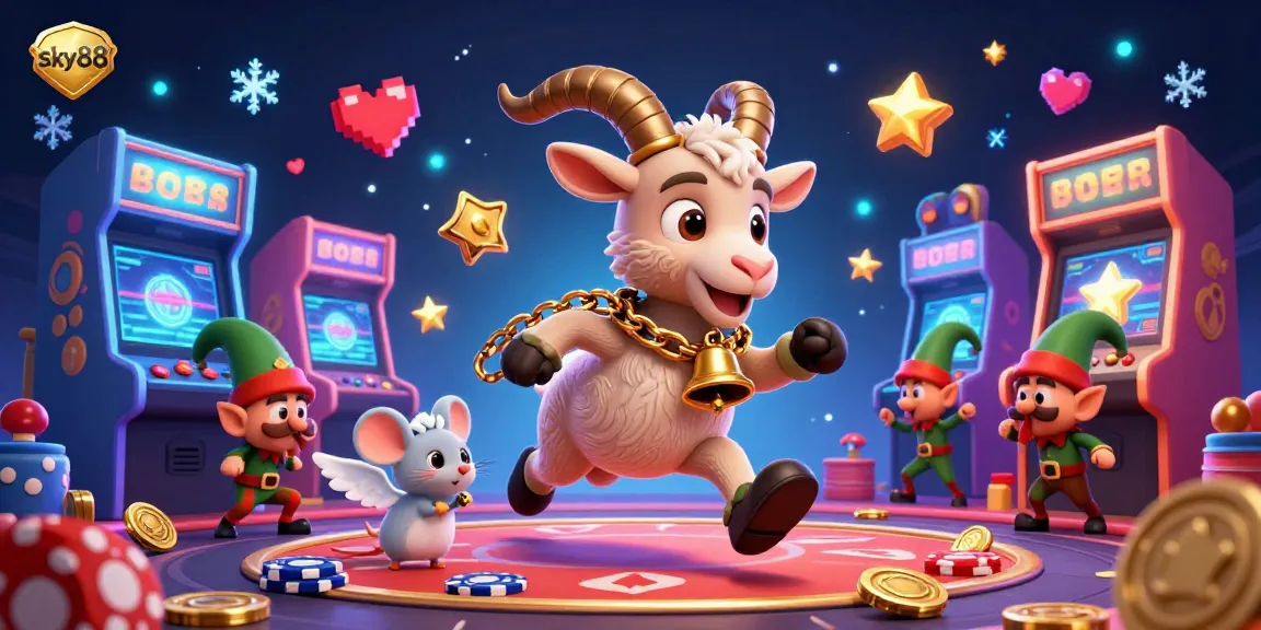 Engage at sky88 with our enchanting casino experience featuring a whimsical cartoon Krampus amidst playful gremlins.