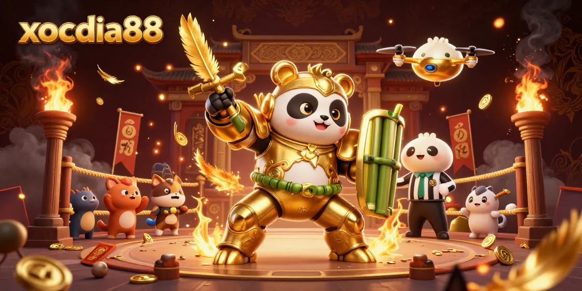 Xocdia88 showcases a lively 3D scene of a mech-suit golden panda in a gambling arena.