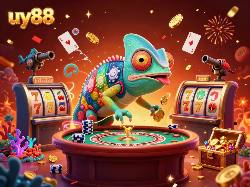 Experience the excitement of uy88 with a vibrant casino scene featuring animated characters and rich gambling elements.