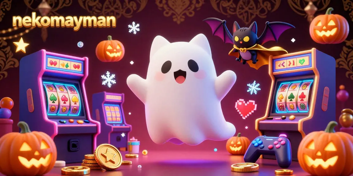 Engage with the game "nekomayman" featuring a ghost cat and bat in a lively casino scene with bright slot machines and glowing tokens.