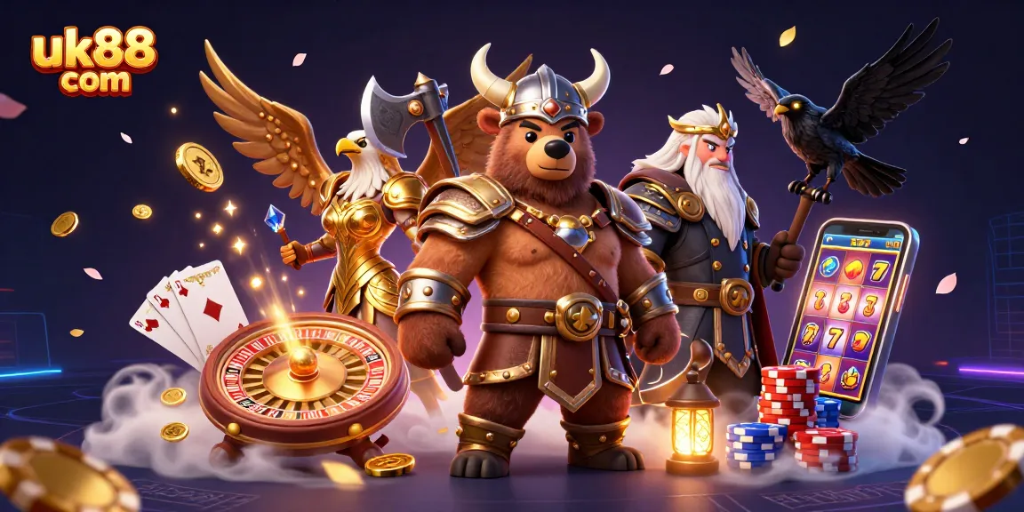 Spin to win with uk88 com, featuring dynamic casino elements in a vibrant 3D scene.