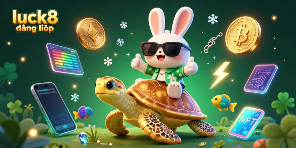 Experience luck8 đăng nhập with a fun illustration of a lucky rabbit and turtle in a vibrant gaming world.