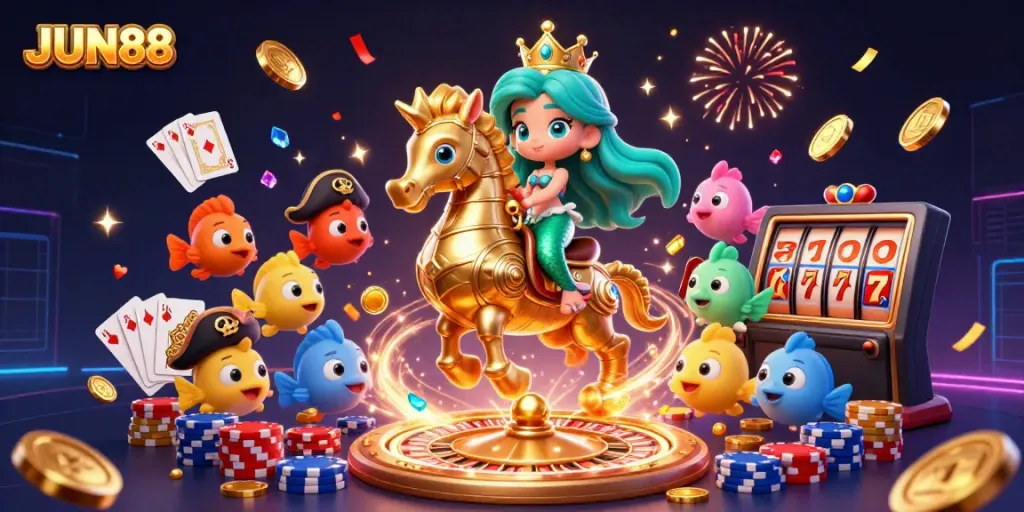 Experience the excitement of JUN88 with vibrant casino characters and joyful gaming elements.