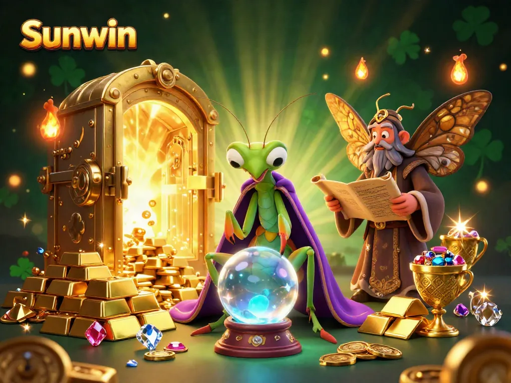 Engage with exciting Sunwin gameplay through a vibrant 3D casino illustration featuring mystical characters and treasures.