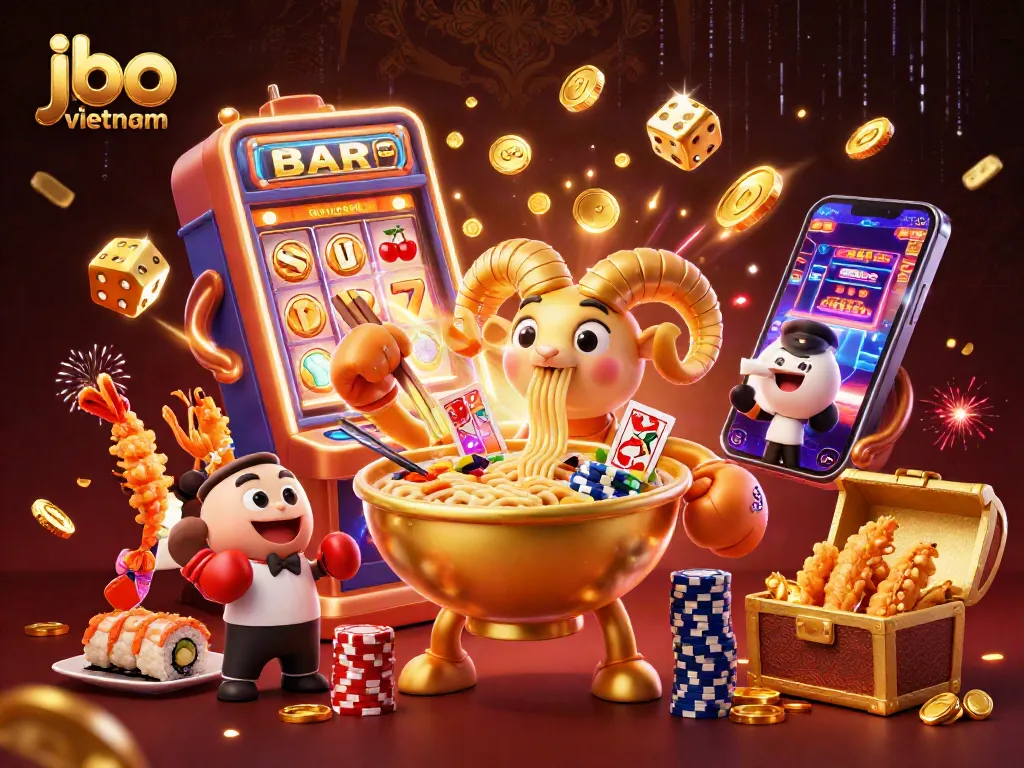 Experience thrilling gameplay at jbo vietnam with a vibrant casino-themed illustration featuring animated characters.