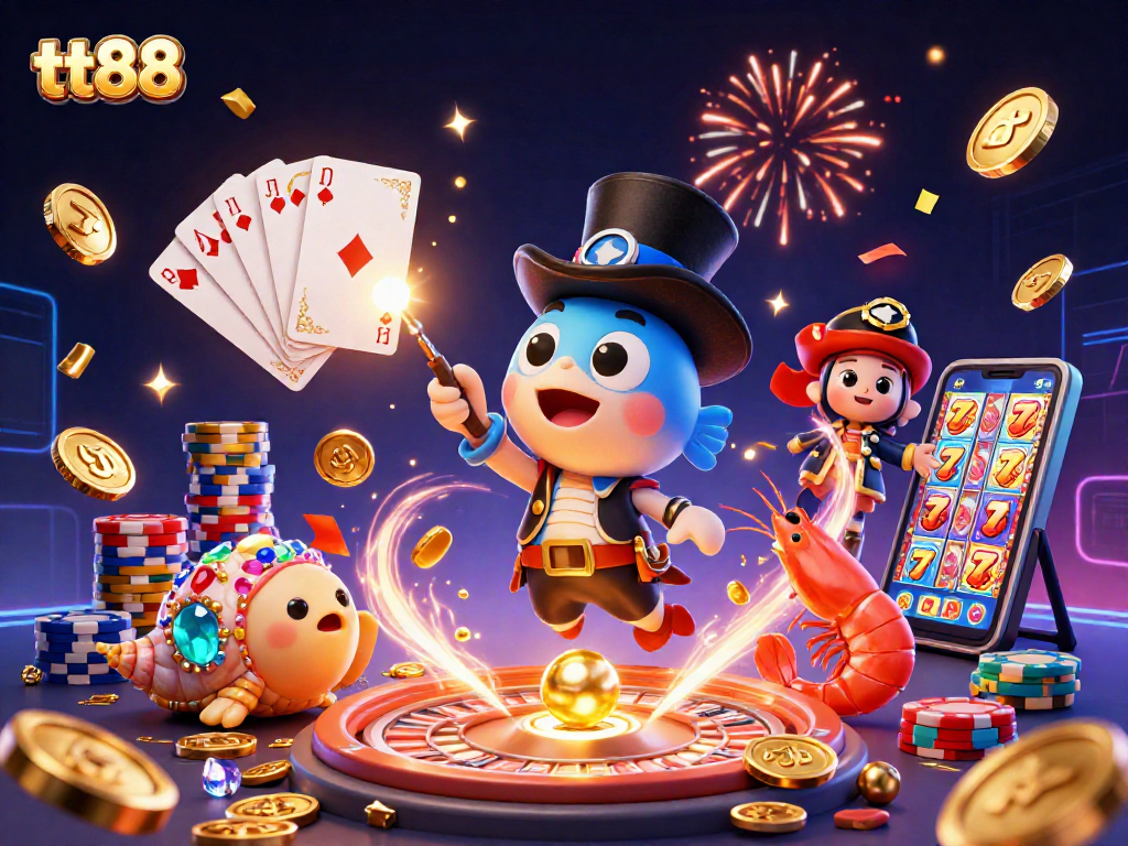 Win big with tt88's vibrant 3D casino scene brimming with gold coins and excitement.