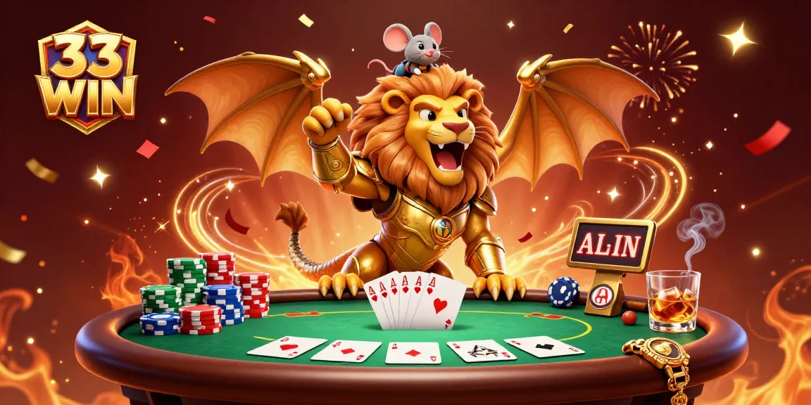 Experience the thrill of victory with 33 WIN at a vibrant casino scene featuring a chimera and poker elements.