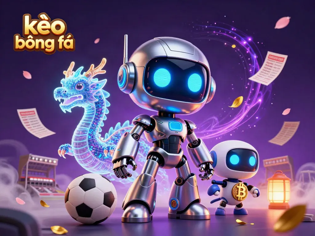 Engage in kèo bóng đá with a futuristic scene showcasing a cyberpunk robot, AI dragon, and drone assistant amidst sports betting elements.