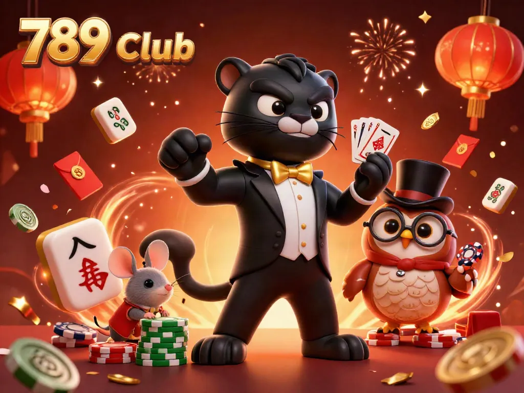 Engage in thrilling gameplay at 789 Club with poker champions and lucky symbols amidst vibrant celebrations.
