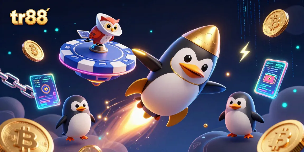 Experience thrilling space adventure at tr88 with a golden penguin and poker-themed casino.