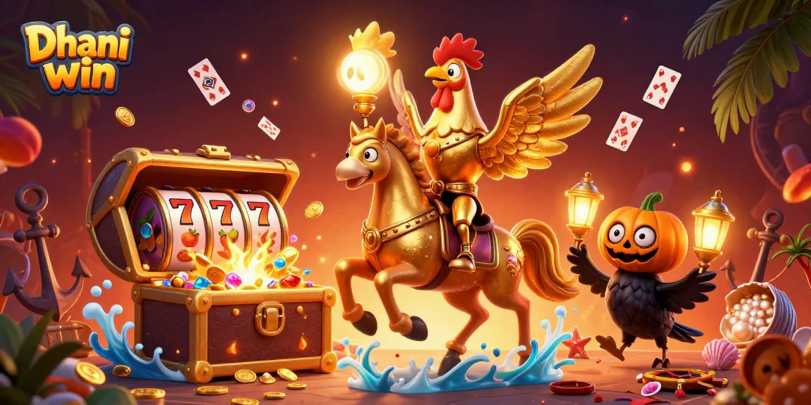 Dhani win casino illustration featuring a golden rooster and crow companions amidst gold coins and slot reels.