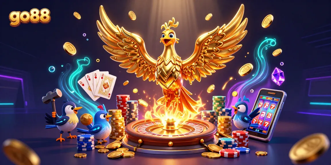 Join the go88 action with a golden phoenix and vibrant casino elements in a rich 3D illustration.