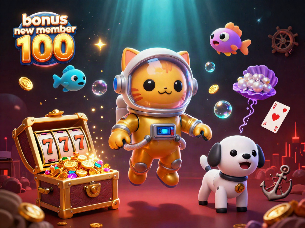 Experience thrilling gameplay with the "bonus new member 100" offer, featuring a lively gambling-themed scene of characters and game elements.
