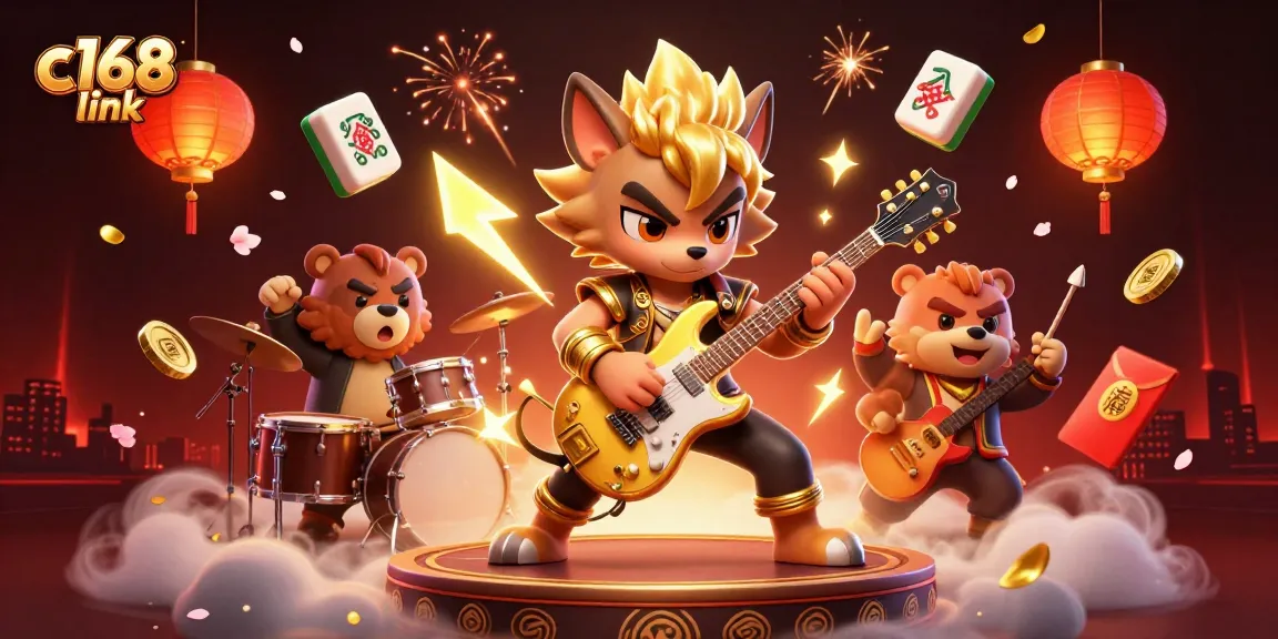 Experience vibrant energy with c168 link as a rock star wolf performs on casino stage surrounded by dynamic gaming elements.
