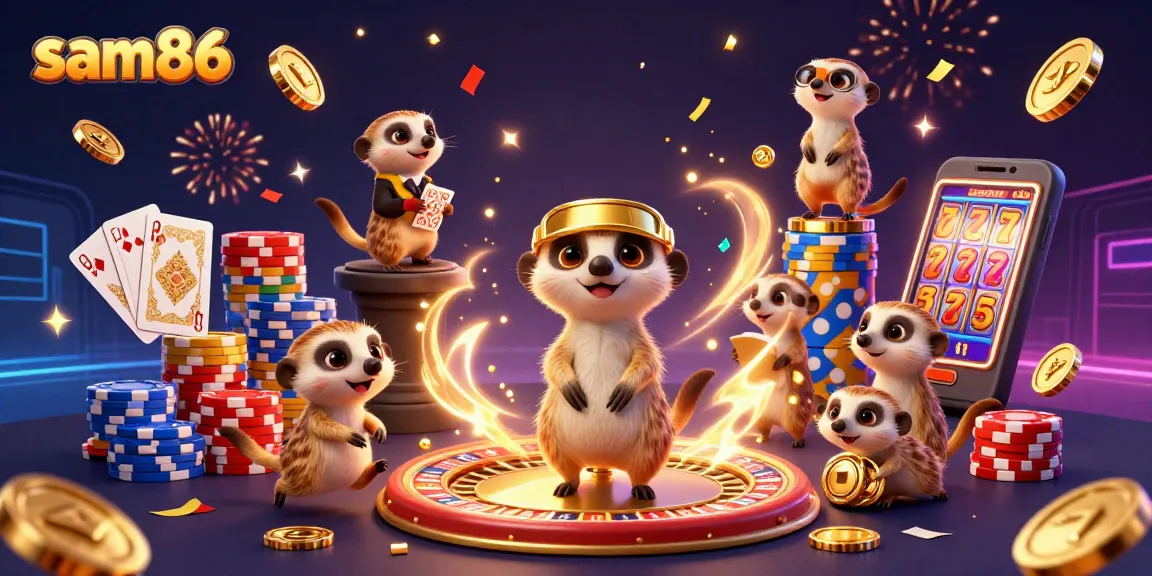 Experience the excitement of sam86 with a lively casino scene featuring meerkats in action.