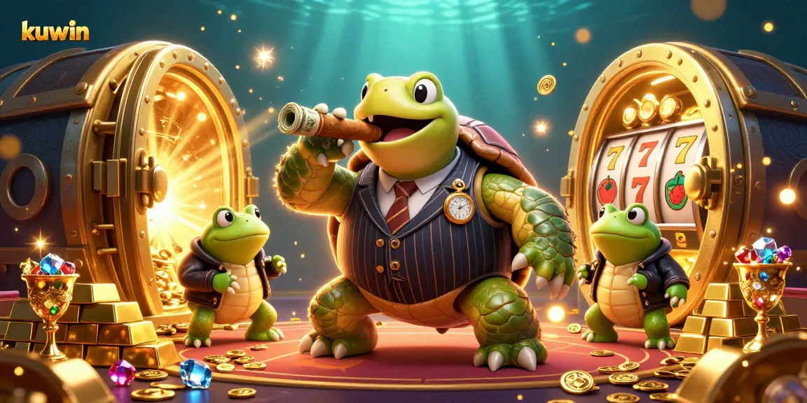 Kuwin casino scene with a turtle mobster and bullfrog enforcers amidst slot reels and treasures.