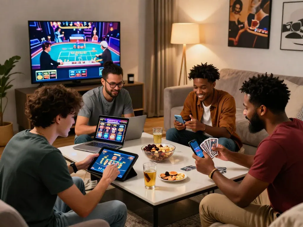 Friends enjoying a cozy gaming night with american online casinos, engaging with tablets and laptops.