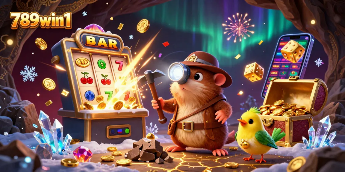 Engage with 789win1's vibrant casino scene featuring a treasure-hunting mole and a dynamic jackpot explosion.