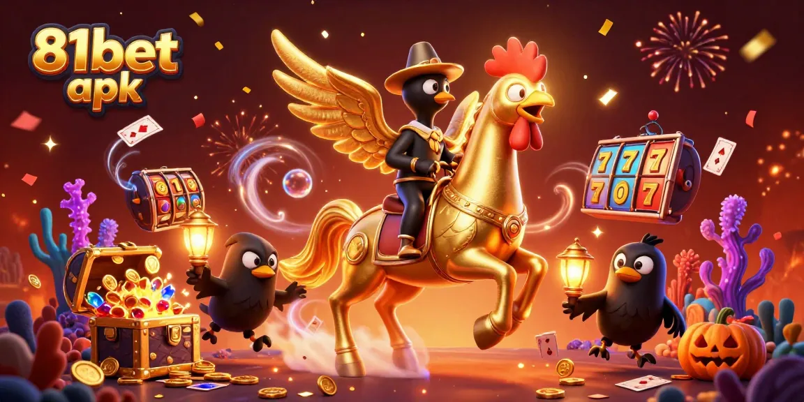 Play thrilling games with the vibrant 81bet apk, featuring golden rooster and casino elements in a packed illustration.