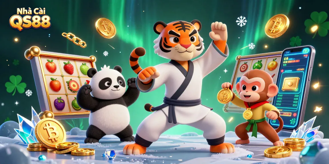 Engage with Nhà Cái QS88's thrilling games while a kung fu tiger performs in a dynamic 3D casino scene.