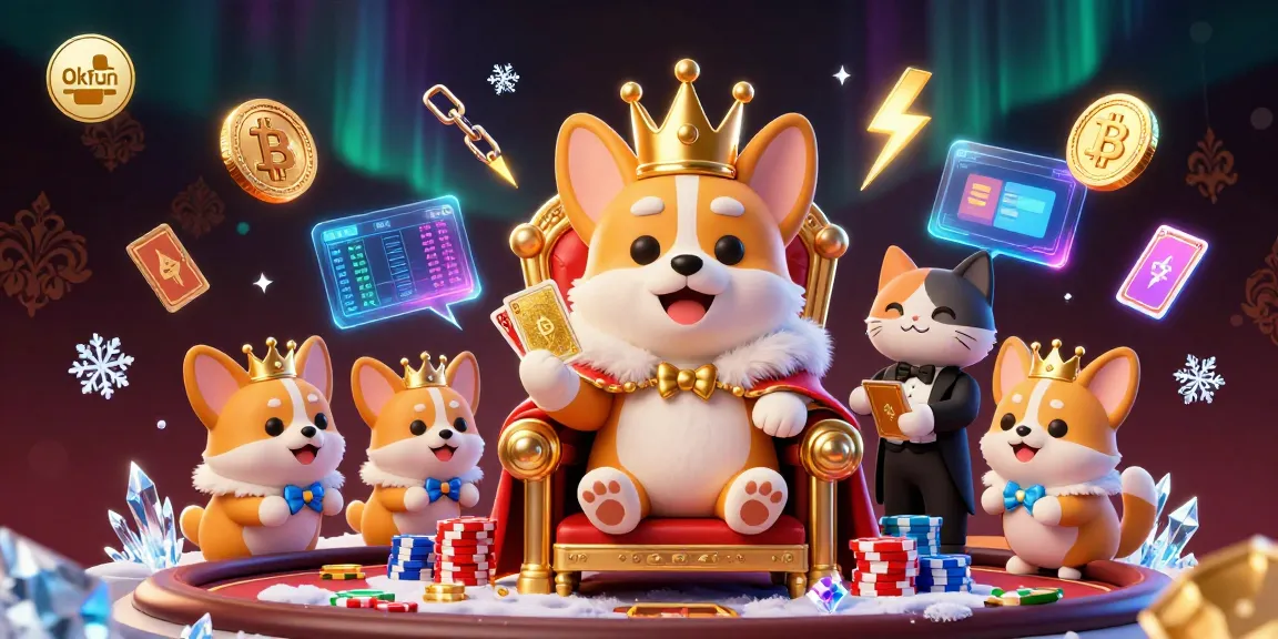 Experience thrilling gameplay with okfun's vibrant 3D casino illustration, featuring poker elements and crypto coins.