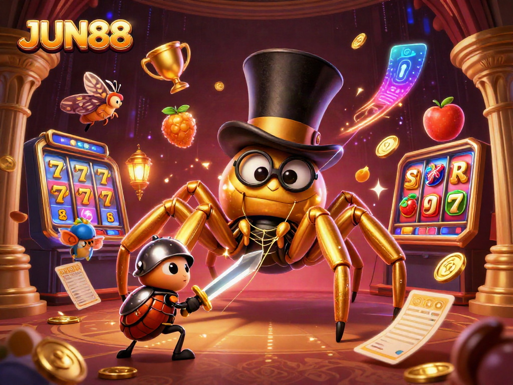 Experience thrilling online gaming at JUN88 with golden tarantula, beetle knight, and vibrant casino elements.