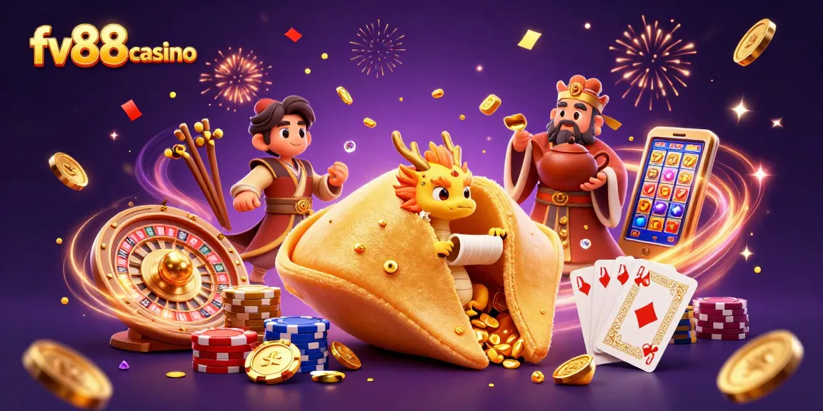 Experience winning moments at fv88casino with a vibrant 3D illustration of fortune and gaming elements.
