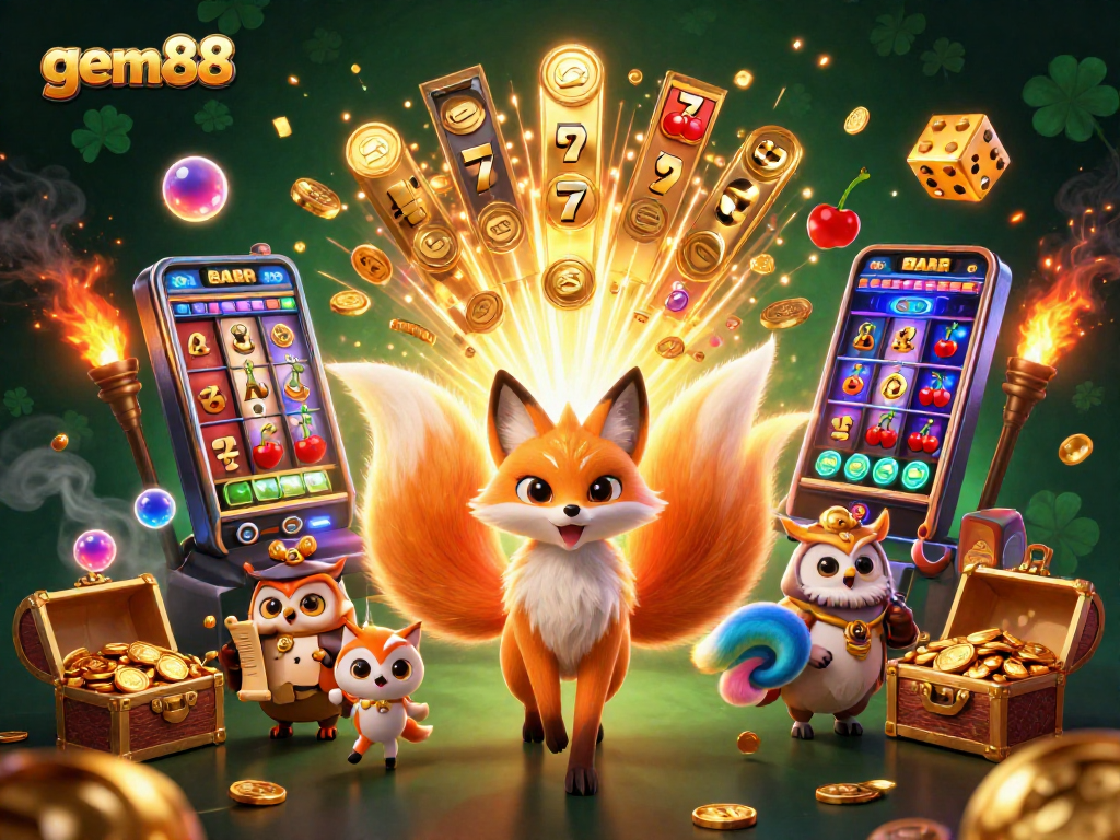 Engaging illustration of gem88's vibrant casino atmosphere featuring a nine-tailed fox and wise owl amid cash and prizes.