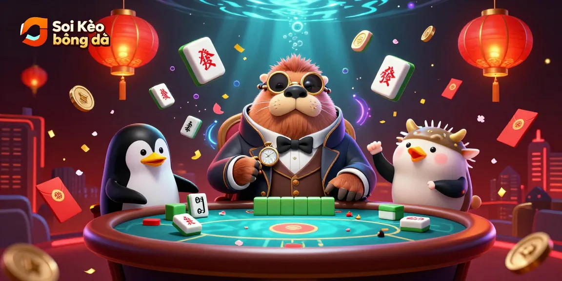 Soi Kèo bóng đá excitement at an underwater poker game featuring a walrus, a penguin dealer, and a bluffing pufferfish.