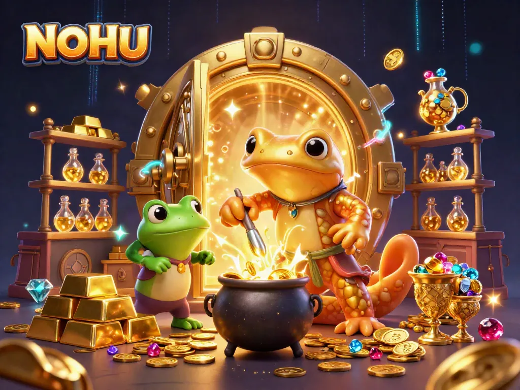 Engage in winning strategies at NOHU with vibrant 3D fantasy casino illustrations featuring gold alchemy