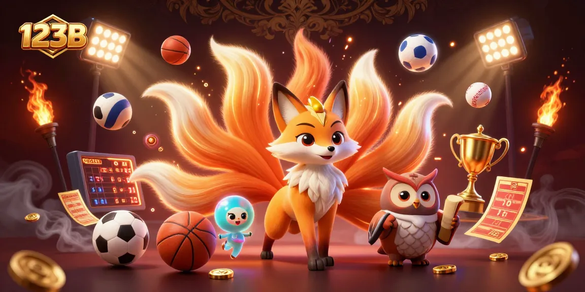 Engage with vibrant gaming excitement at 123B with a colorful, dynamic 3D casino illustration featuring sports elements.