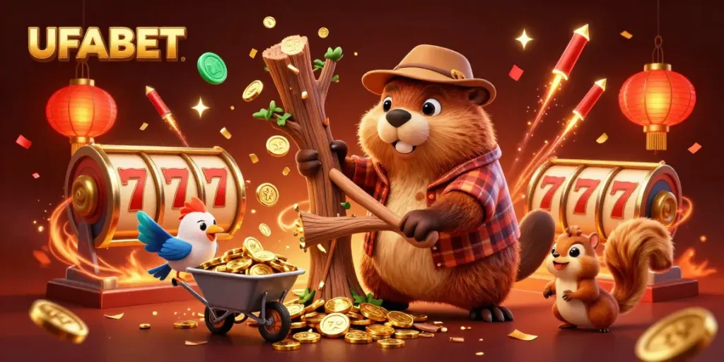 Experience excitement with UFABET as a beaver celebrates a jackpot of golden coins raining down.